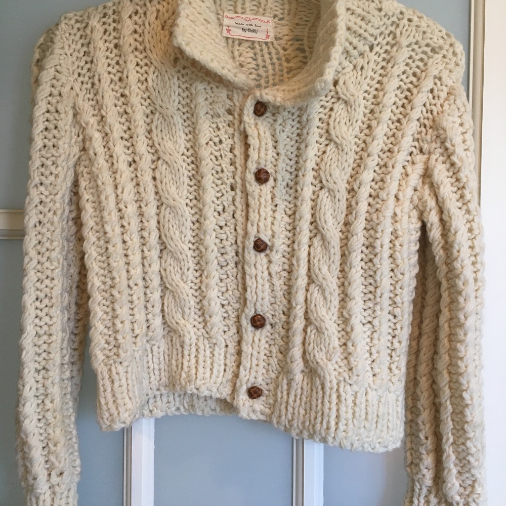 Child's Unisex Handknit Wool Long Sleeve Ivory Sweater with Brown Buttons